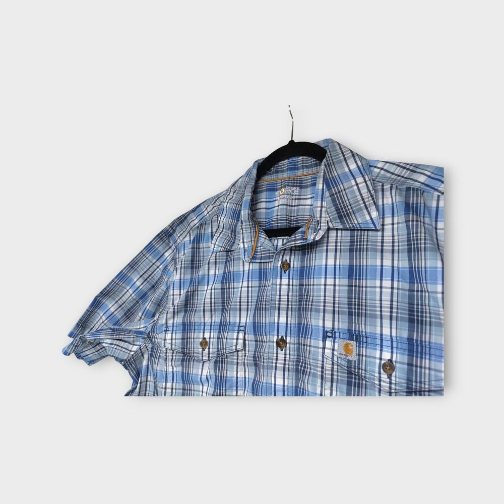 Men Carhartt FORCE Relaxed Fit Short Sleeve Button Up Blue & White Plaid Size XL - Picture 1 of 6